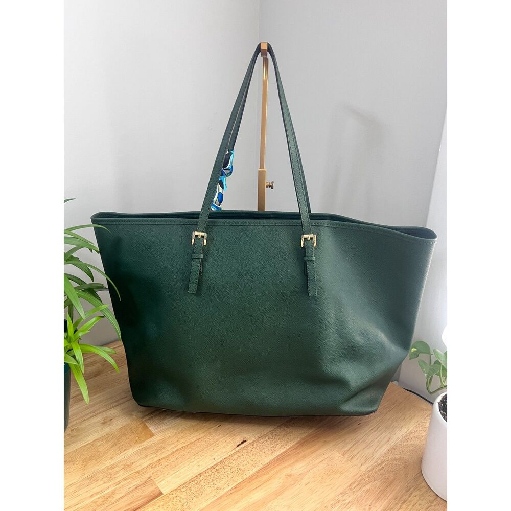 Michael Kors Jet Set Travel Large Tote Hunter Green Saffiano Leather Gold MK - Picture 5 of 11